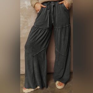 Wide Leg Drawstring Palazzo Pants - Charcoal